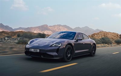 4k, Porsche Taycan Turbo S, desert, 2026 cars, motion blur, electric cars, Black Porsche Taycan, 2026 Porsche Taycan, german cars, Porsche