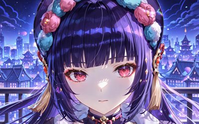 yun jin, 4k, violettes stadtbild, genshin impact, nacht, anime charaktere, rote augen, genshin impact charaktere, yun jin genshin impact