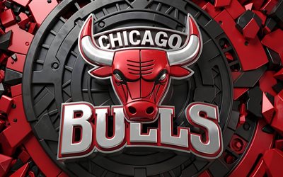 4k, logotipo metálico de los chicago bulls, obra de arte, fondo rojo 3d, nba, baloncesto, logotipo 3d de los toros de chicago, creativo, emblema de los toros de chicago, logotipo de los toros de chicago, equipo de baloncesto americano, toros de chicago