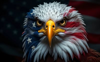 4k, águila calva, de cerca, bandera estadounidense en la cara, bandera de estados unidos, aves de presa, símbolo de los eeuu, arte del águila calva, bandera americana, 4 de julio, águilas, eeuu, cuatro de julio, arte 3d