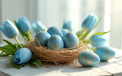 Blue Easter eggs with ornaments, Happy Easter, Easter concepts, blue Easter eggs, Easter decorations, Easter, blue tulips, spring