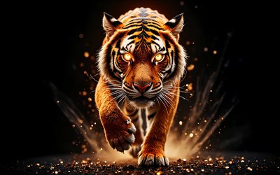 tiger, 4k, raubtier, orangefarbene steine, wildkatzen, wilde tiere, kreative kunst, schwarzer hintergrund, tiger im dunkeln, tiger mit leuchtenden augen