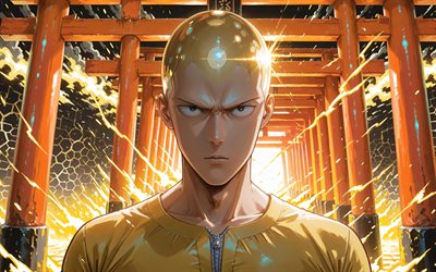 4k, saitama, puertas torii, noche, hombre de un solo golpe, protagonista, hagemanto, torii, un solo golpe, saitama un golpe hombre