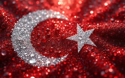 علم تركيا تألق, 4k, خوخه, يوم تركيا, ماكرو, علم تركيا, العلم التركي, علم تركي من القماش المموج, الفن الإبداعي, ديك رومى