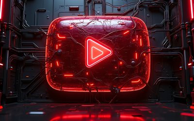 logotipo de cristal rojo de youtube, 4k, fondo negro 3d, oscuridad, alambres, creativo, marcas, logotipo de neón de youtube, redes sociales, logotipo de youtube, logotipo brillante de youtube, youtube