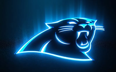 logotipo de neón de los carolina panthers, 4k, fondo de metal negro, arte de neón, luz de neón azul, emblema de los panthers de carolina, eeuu, panteras de carolina, fútbol americano, logotipo de los panthers de carolina, nfl