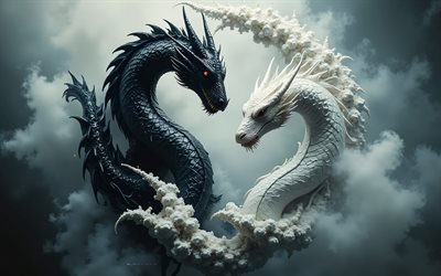 yin und yang, schwarz weißer drache, yin  und yang zeichen, yin  und yang symbol, drachen, 3d kunst, mystischer hintergrund, yin  und yang konzepte