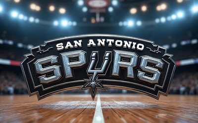 logotipo 3d de los san antonio spurs, 4k, fondo del estadio de baloncesto, nba, creativo, baloncesto, logotipo de los san antonio spurs, logotipo metálico de los san antonio spurs, equipo de baloncesto americano, espuelas de san antonio