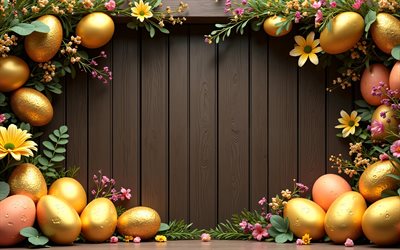 4k, molduras de páscoa, fundo de madeira escuro, ovos de páscoa coloridos, flores, ovos de páscoa, feliz páscoa, decorações florais, decorações de páscoa, fundos de páscoa, páscoa