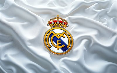 Real Madrid emblem, 4k, white wave background, Real Madrid CF, Real Madrid logo, white silk fabric, Real Madrid sign, La Liga, Spain, football, Real Madrid