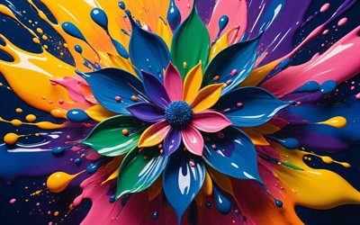 رذاذ الطلاء زهرة, 4k, مبدع, زهور ثلاثية الأبعاد, بقع الطلاء الملونة, التجريد الملونة, الزهور مجردة الملونة, عمل فني, خلفيات مجردة, بقع الطلاء ثلاثية الأبعاد