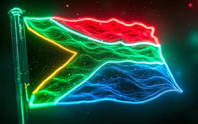 South Africa glowing flag, 4k, digital art, dark abstract background, South Africa flag on flagpole, neon rays, flag of South Africa, South African flag, fabric waves South Africa flag, South Africa 3D flag, South Africa