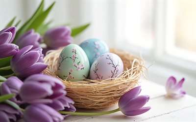 Easter eggs with sakura ornaments, Happy Easter, Easter concepts, white Easter eggs, sakura, Easter decorations, Easter, purple tulips, spring