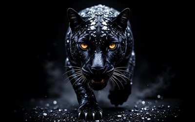 schwarzer panther, 4k, raubtier, weiße steine, wildkatzen, wilde tiere, raubtiere, schwarze panther, kreative kunst, schwarzer hintergrund, schwarzer panther im dunkeln, schwarzer jaguar, panther