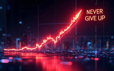 Never Give Up, 4k, digital art, digital diagrams, motivation, growth concepts, red neon arrows, inspiration, popular short quotes, Never Give Up concepts, Never Give Up inspiration, Never Give Up Art