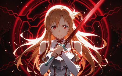 4k, yuuki asuna, oscuridad, espada roja, arte de espada en línea, fondo abstracto rojo, resplandor rojo, manga, protagonista, asuna yuuki, personajes de sword art online, asuna, yuuki asuna espada arte en línea
