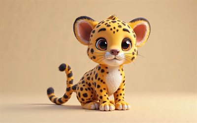 4k, söt 3d  leopard, tecknad 3d  leopard, söta djur, leopard, 3d  djur, tecknad 3d  djur, roliga leopard, liten leopard, orange bakgrund