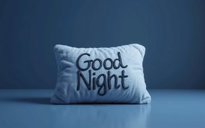 4k, gute nacht, blaues flauschiges kissen, gute nachtwunsch, gute nacht inschrift, gute nacht postkarte, blauer hintergrund, gute nachtkonzepte