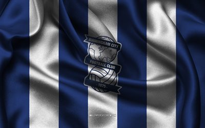 4k, logo birmingham city fc, tessuto di seta bianca blu, squadra di calcio inglese, emblema fc di birmingham city, league one, birmingham city fc, inghilterra, calcio, birmingham city