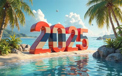 2025 thailand, 4k, tropische inseln, sommer, thailand 2025 ziffern, 3d  kunst, thailand flag, reisen sie nach thailand 2025, thailand, 2025 konzepte, 2025 3d  ziffern