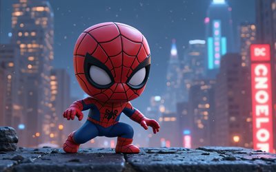 araignée, 4k, super héros, art de chibi, comics marvel, spider man chibi, nuit, art 3d, spider man 3d, fan art, spider man 4k