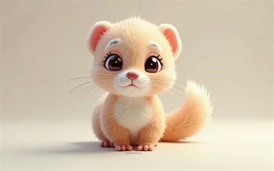 4k, söpö 3d  fretti, sarjakuva 3d  ferretti, söpö eläimet, fretti, 3d  eläimet, sarjakuva 3d  eläimet, hauska fretti, pieni fretti, oranssi tausta