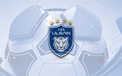 Ulsan HD glossy logo, 4K, blue football background, K League 1, soccer, Ulsan HD, south korean football club, Ulsan HD emblem, Ulsan HD logo, Ulsan HD FC