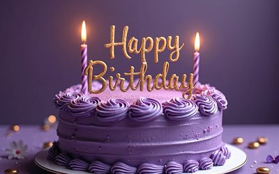 4k, auguri di buon compleanno, torta di compleanno viola, buon compleanno, candele in fiamme, background di buon compleanno, concetti di buon compleanno, biglietto di auguri di compleanno con torta, background viola di compleanno