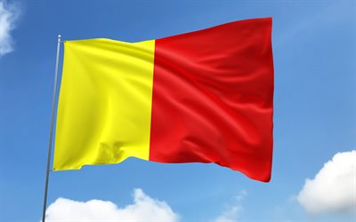 Orleans flag on flagpole, 4K, French cities, blue sky, flag of  Orleans, wavy satin flags, Orleans flag, cities of France, flagpole with flags, Day of Orleans, France, Orleans