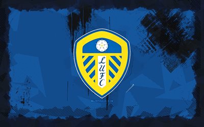 leeds united grunge logosu, 4k, şampiyonluk, mavi grunge arka plan, futbol, leeds united amblemi, leeds united logo, leeds united, ingiliz futbol kulübü, leeds united fc