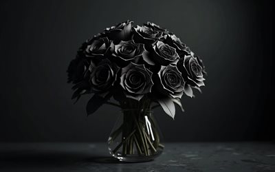 4k, bouquet di rose nere, sfondo nero, rose nere, fiori 3d, rose 3d, bouquet roses, fiori neri, rose, sfondo con rose nere