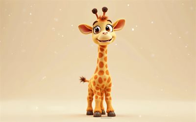 4k, mignon girafe 3d, dessin animé 3d girafe, animaux mignons, girafe, animaux 3d, animaux 3d de dessin animé, girafe drôle, petite girafe, fond orange
