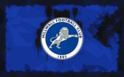 millwall fc grunge logosu, 4k, şampiyonluk, mavi grunge arka plan, futbol, millwall fc amblemi, millwall fc logosu, millwall fc, ingiliz futbol kulübü, değirmen duvar