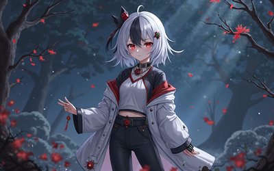 4k, Arlecchino, autumn, Genshin Impact, night, red eyes, anime characters, artwork, Genshin Impact characters, Arlecchino Genshin Impact