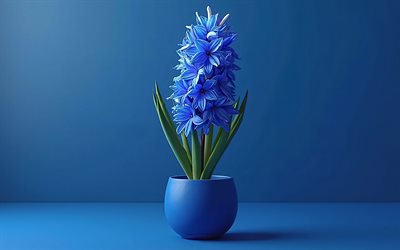 4k, blue hyacinth in pot, blue background, blue hyacinth, 3d flowers, 3d hyacinth, hyacinth bouquet, blue flowers, hyacinth, background with blue hyacinth, 3d blue hyacinth