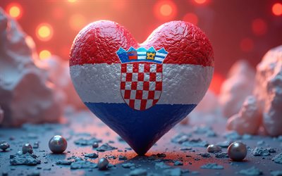 ich liebe kroatien, 4k, buntes 3d  hintergrund, 3d  kunst, kreativ, tag kroatiens, flagge von kroatien, herz mit kroatischer flagge, 3d  herzen, kroatische flagge, kroatien, liebe zu kroatien