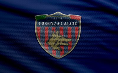 logo di tessuto cosenza, 4k, sfondo in tessuto blu, serie b, bokeh, calcio, logo cosenza, emblema cosenza, calcio cosenza, club di calcio italiano, cosenza fc