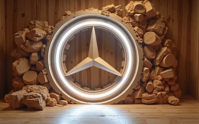 Mercedes-Benz wooden logo, 4k, white neon lights, wooden backgrounds, creative, cars brands, Mercedes-Benz 3D logo, Mercedes-Benz logo, Mercedes logo, Mercedes-Benz, Mercedes