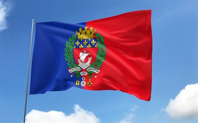 pariser flagge auf fahnenmast, 4k, französische städte, blauer himmel, flagge von paris, wellige satinflaggen, pariser flagge, städte frankreichs, fahnenmast mit flaggen, tag von paris, frankreich, paris