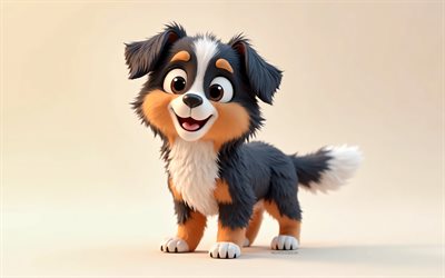 4k, netter 3d australian shepherd, cartoon 3d australian shepherd, süße tiere, australischer schäferhund, 3d  tiere, cartoon 3d  tiere, lustiger australischer schäferhund, kleiner australischer schäferhund, orangefarbener hintergrund