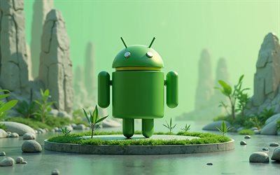 4k, android creative 3d  logo, 3d  taide, androidi, vihreän teknologian tausta, vihreä 3d  robotti, luova android  taide