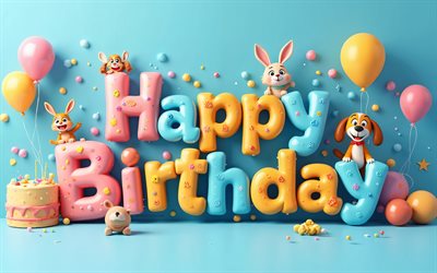 お誕生日おめでとう, 4k, クリエイティブアート, お誕生日おめでとう3dカラフルな碑文, 3d動物, お誕生日おめでとうございます, 誕生日の3dの背景, 誕生日グリーティングカード
