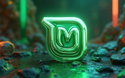 linux mint metal logo, 4k, 石, osブランド, 緑の背景, linux, アートワーク, linux mint 3dロゴ, ブランドロゴ, osロゴ, linuxミントロゴ, ブランド, linuxミント