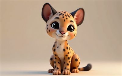 4k, かわいい3dジャガー, 漫画3dジャガー, かわいい動物, ジャガー, 3d動物, 漫画3d動物, 面白いジャガー, リトルジャガー, オレンジ色の背景