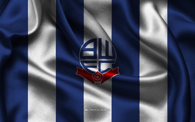 4k, logo bolton wanderers fc, tessuto di seta bianca blu, squadra di calcio inglese, bolton wanderers fc emblem, league one, bolton wanderers fc, inghilterra, calcio, bolton wanderers