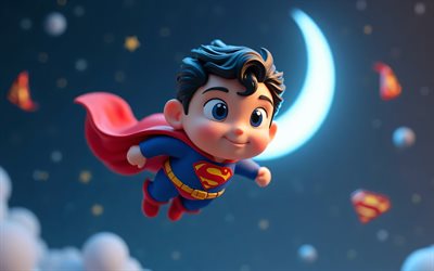 supermies, 4k, supersankarit, chibi  taide, dc  sarjakuvat, supermies chibi, yö, 3d  taide, supermies 3d, fani  taide, supermies 4k