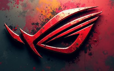 4k, rogメタルロゴ, カラフルなグランジの背景, ゲーマー共和国, rog 3dロゴ, アートワーク, asus rog, ゲーマーズ共和国ロゴ, rogロゴ, アサス, rog