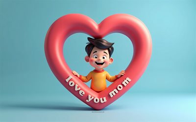 ich liebe dich, mama, 4k, wünsche für mama, blauer hintergrund, 3d  kunst, sohn mit rosa herz, glücklicher muttertag, nachricht an mama, liebe zu mutterkonzepten