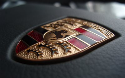 logo porsche 3d, 4k, marchi di auto, sfondo in pelle nera, logo porsche, opera d'arte, logo dei marchi, porsche, marchi