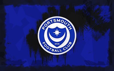 ポーツマスfcグランジロゴ, 4k, チャンピオンシップ, 青いグランジの背景, サッカー, ポーツマスfcエンブレム, フットボール, ポーツマスfcロゴ, ポーツマスfc, イングリッシュフットボールクラブ, fcポーツマス